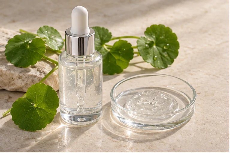 Centella serum with a clear gel sample and fresh leaves.