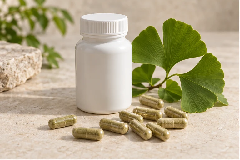 Ginkgo extract hard capsules with a plain container and leaf.