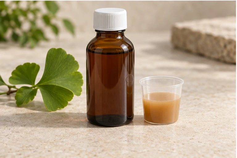 Ginkgo oral suspension bottle with a small dosing cup.