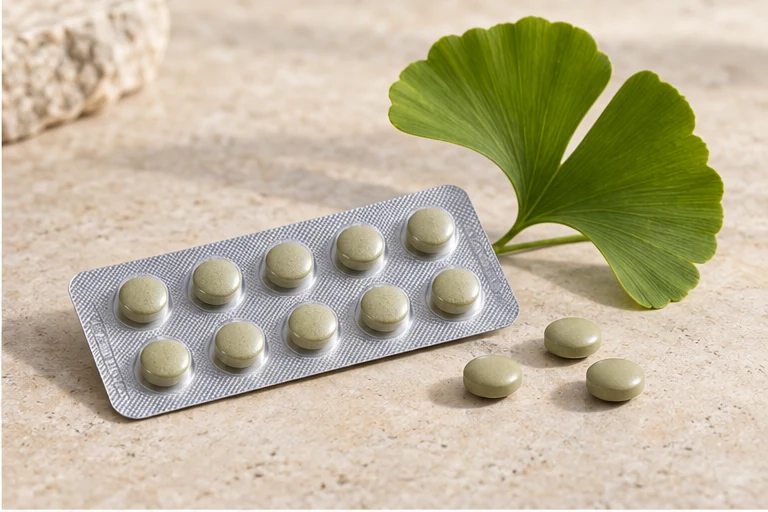 Ginkgo coated tablets with blister packaging.