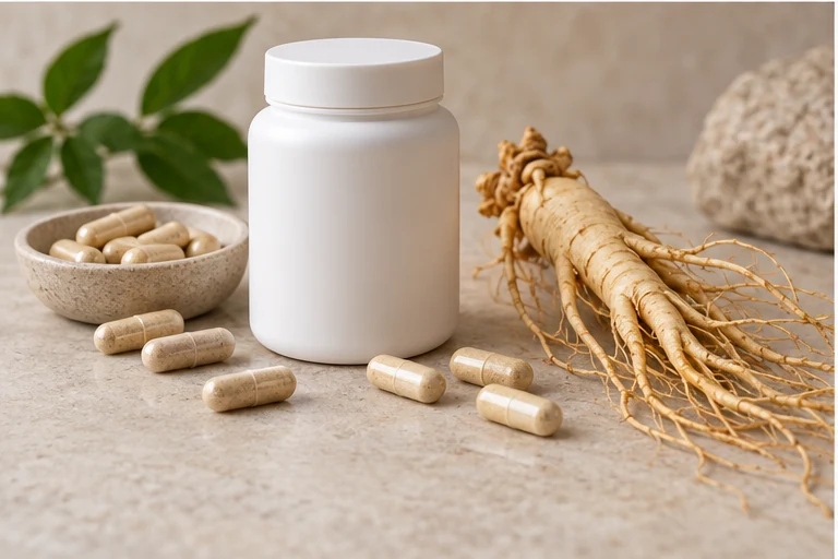 Ginseng hard capsules beside a plain container and root.