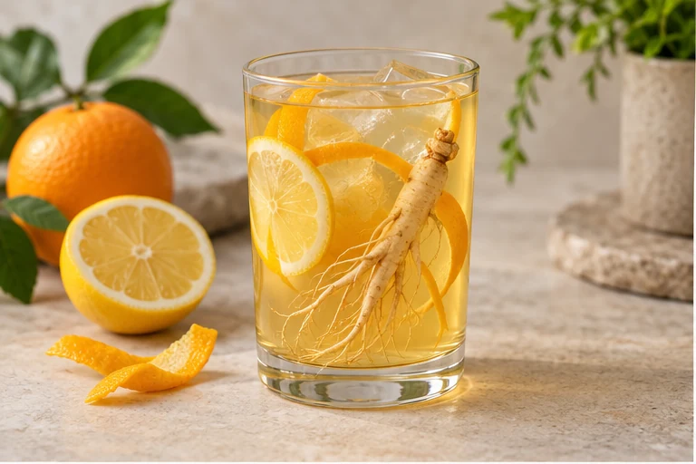 Ginseng citrus drink with a root and citrus peel.