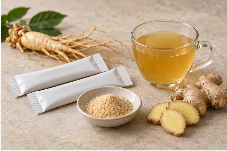 Ginseng ginger instant sachets with powder and prepared infusion.
