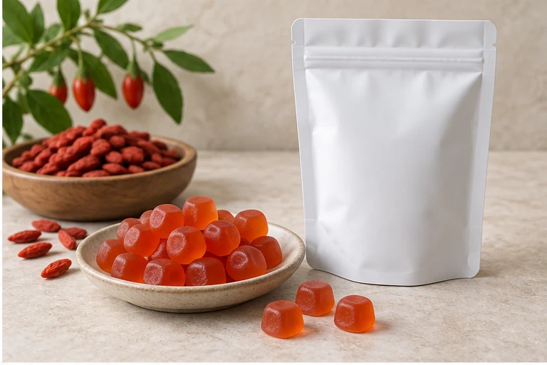 Goji fruit gummies with dried berries and a plain pouch.