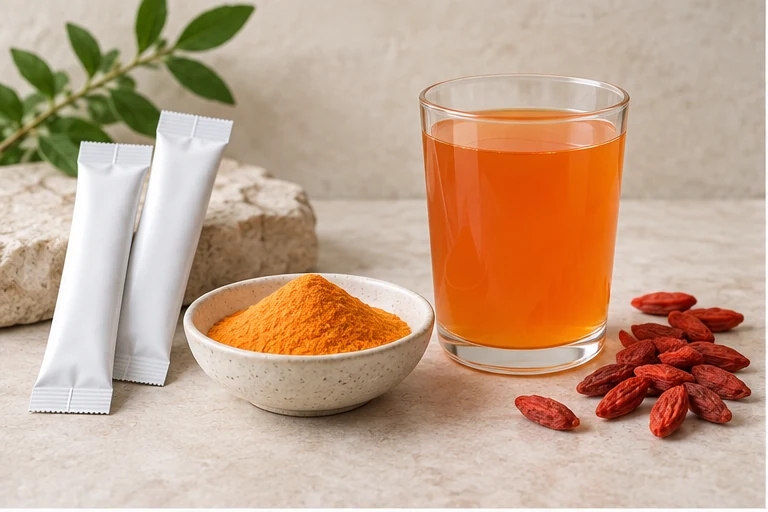 Goji instant drink sachets with orange powder and prepared drink.