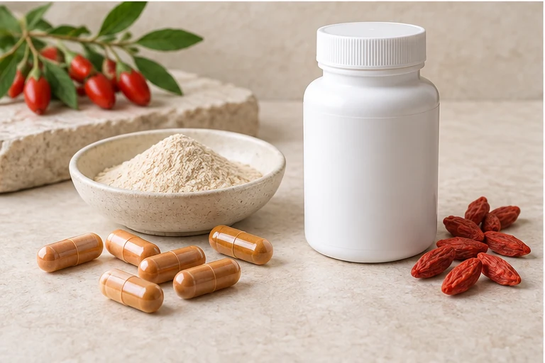 Goji polysaccharide-fraction capsules with pale powder.