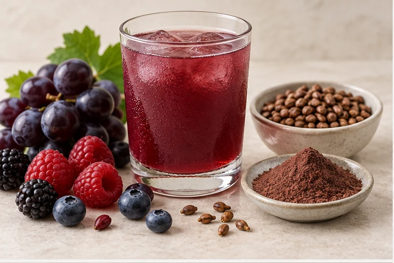 Berry-flavoured grape seed drink with berries, seeds and extract powder.