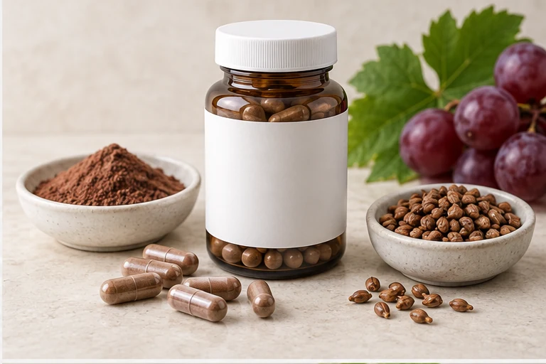 Grape seed extract capsules with brown powder and seeds.