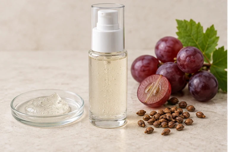 Grape seed gel serum in a pump bottle with a translucent gel sample.