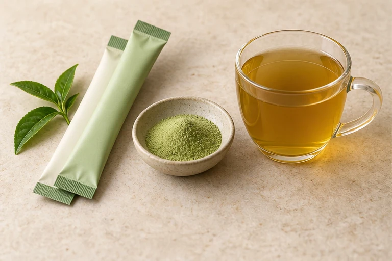 Instant tea stick packs with soluble powder and prepared tea.