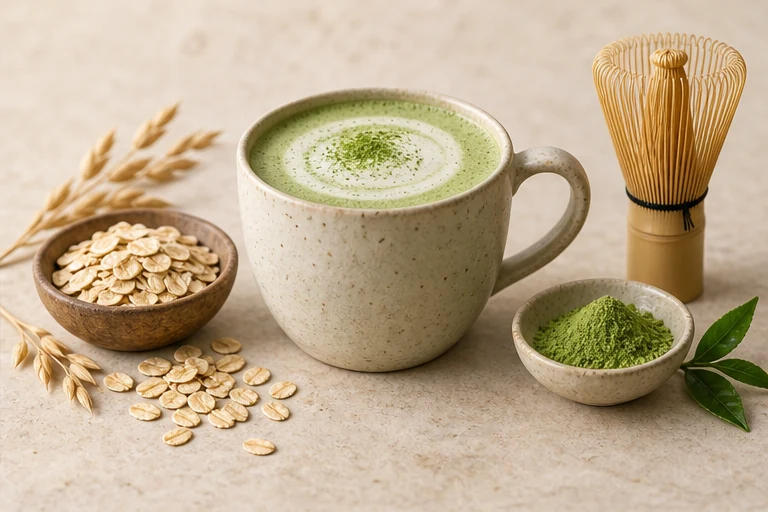 Green tea oat latte with oats, tea powder and a whisk.