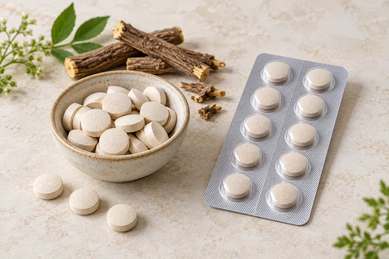 DGL chewable tablets with root pieces and blister packaging.