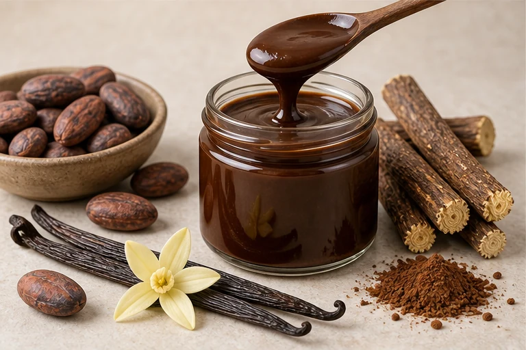 Licorice cocoa vanilla concentrate with a thick chocolate-coloured texture.