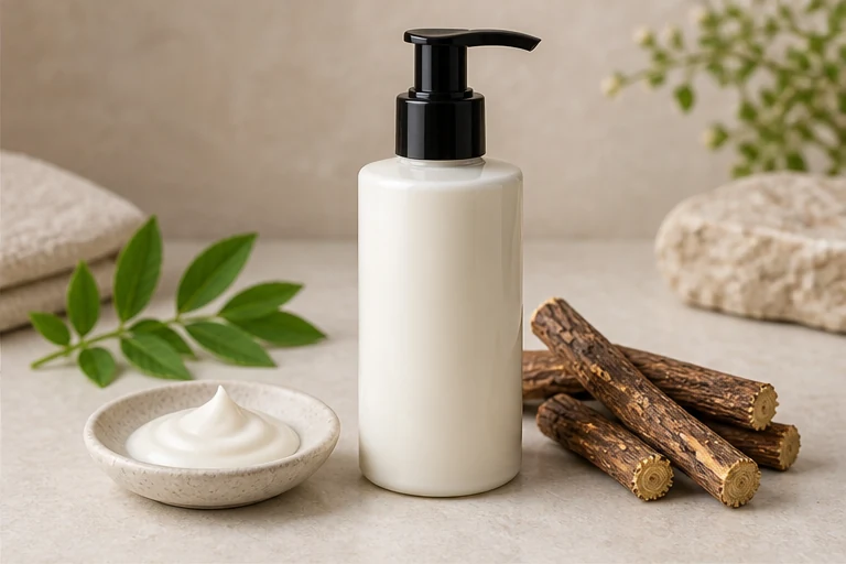 Glabridin lotion with a white lotion sample and licorice root.