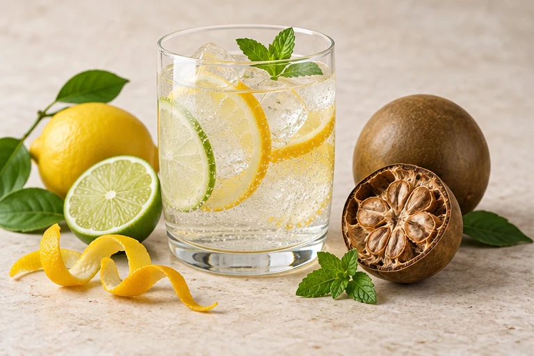 Sparkling citrus drink with monk fruit and citrus peel.