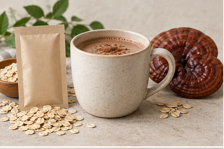 Cocoa-oat reishi drink with a powder sachet and oats.