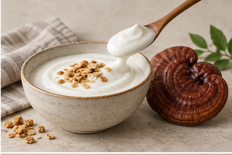 Reishi cultured yogurt with a spoonful of smooth yogurt.