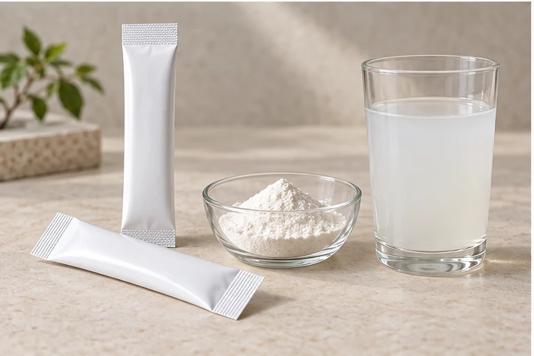 Resveratrol reconstitution sachets with powder and a cloudy prepared liquid.