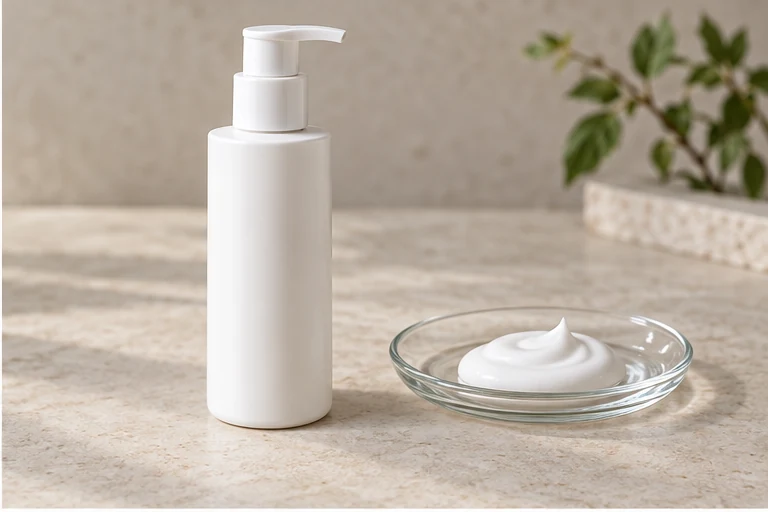 Resveratrol topical emulsion with a pump bottle and white lotion sample.