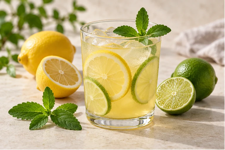 Stevia citrus drink with citrus slices and green leaves.