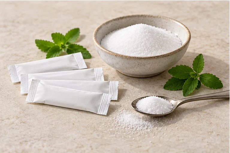 Tabletop sweetener sachets with white granules and a teaspoon.
