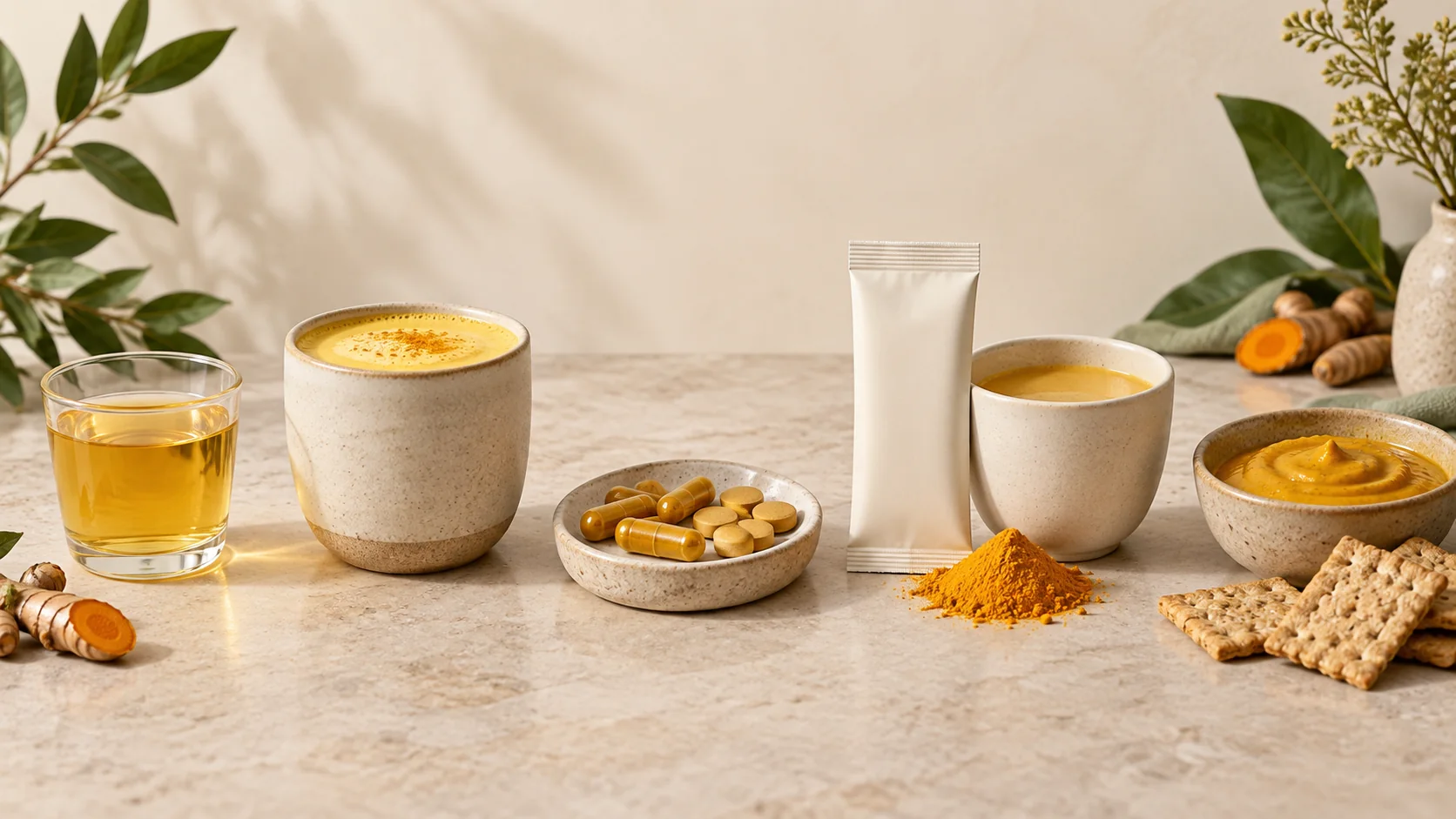 Concepts of clear drink, golden latte, capsules and tablets, instant powder and foods