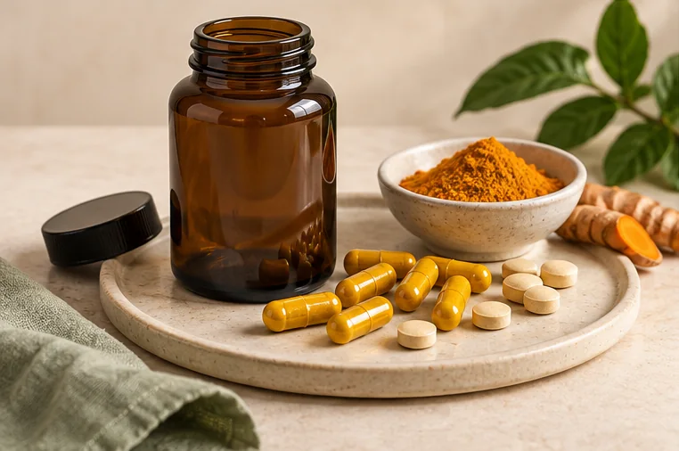 Unlabelled amber bottle with golden capsules and pale tablets