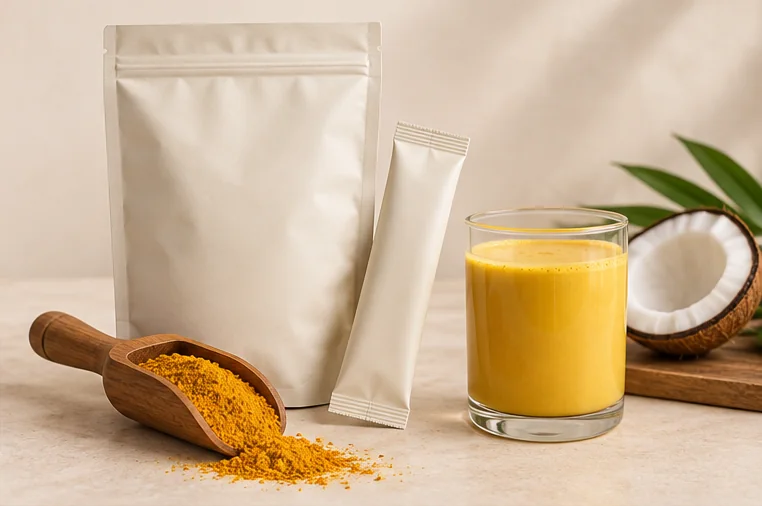 Instant powder pouch, sachet, scoop and reconstituted drink