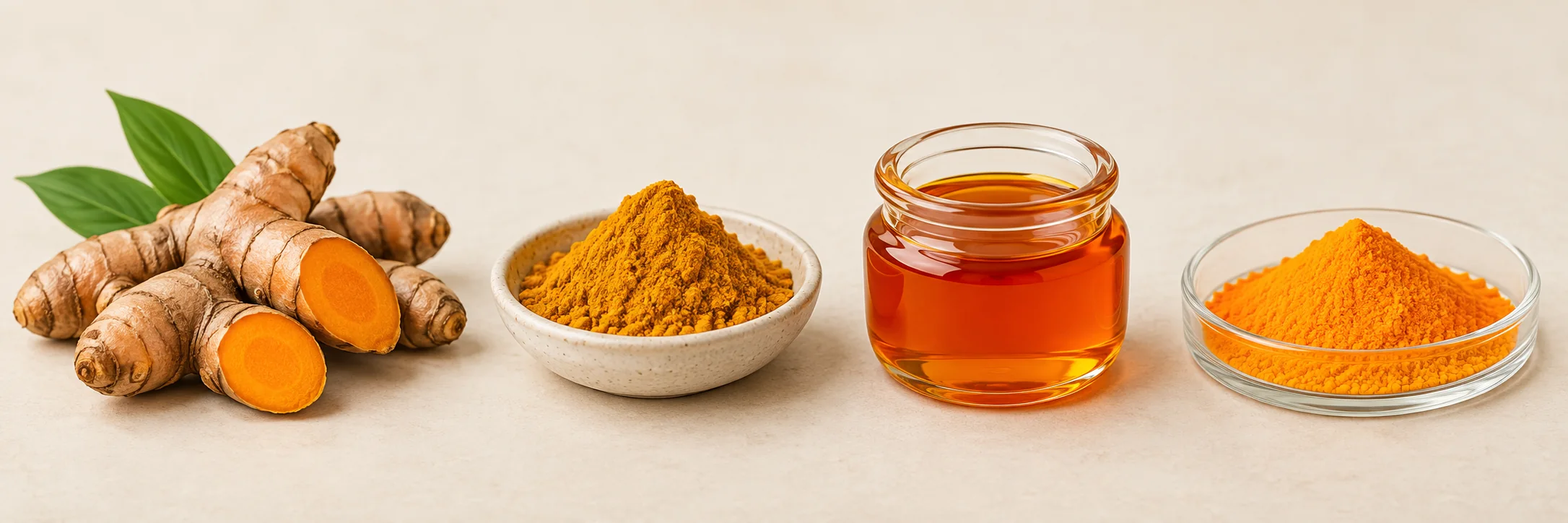 Concept comparison of turmeric rhizomes, ground turmeric, oleoresin and pigment