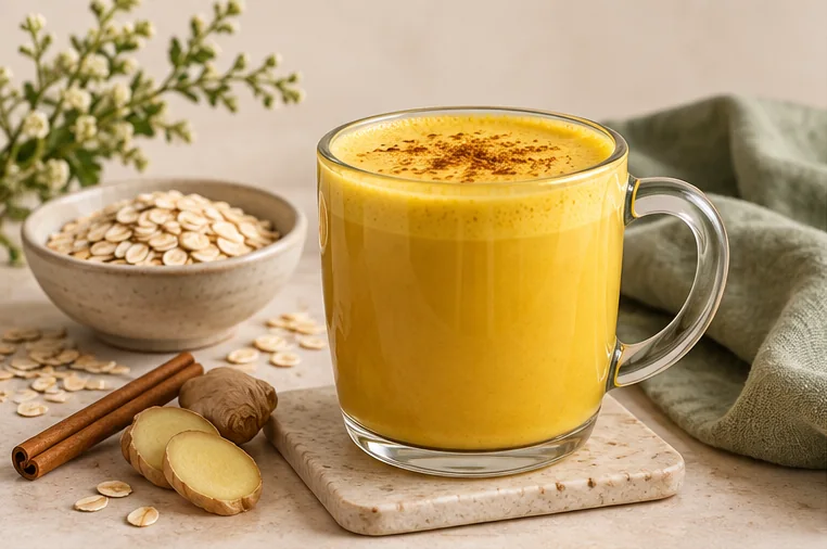 Golden oat latte with oats, cinnamon and ginger