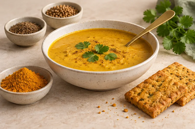 Golden curry sauce, whole spices and savory baked crackers