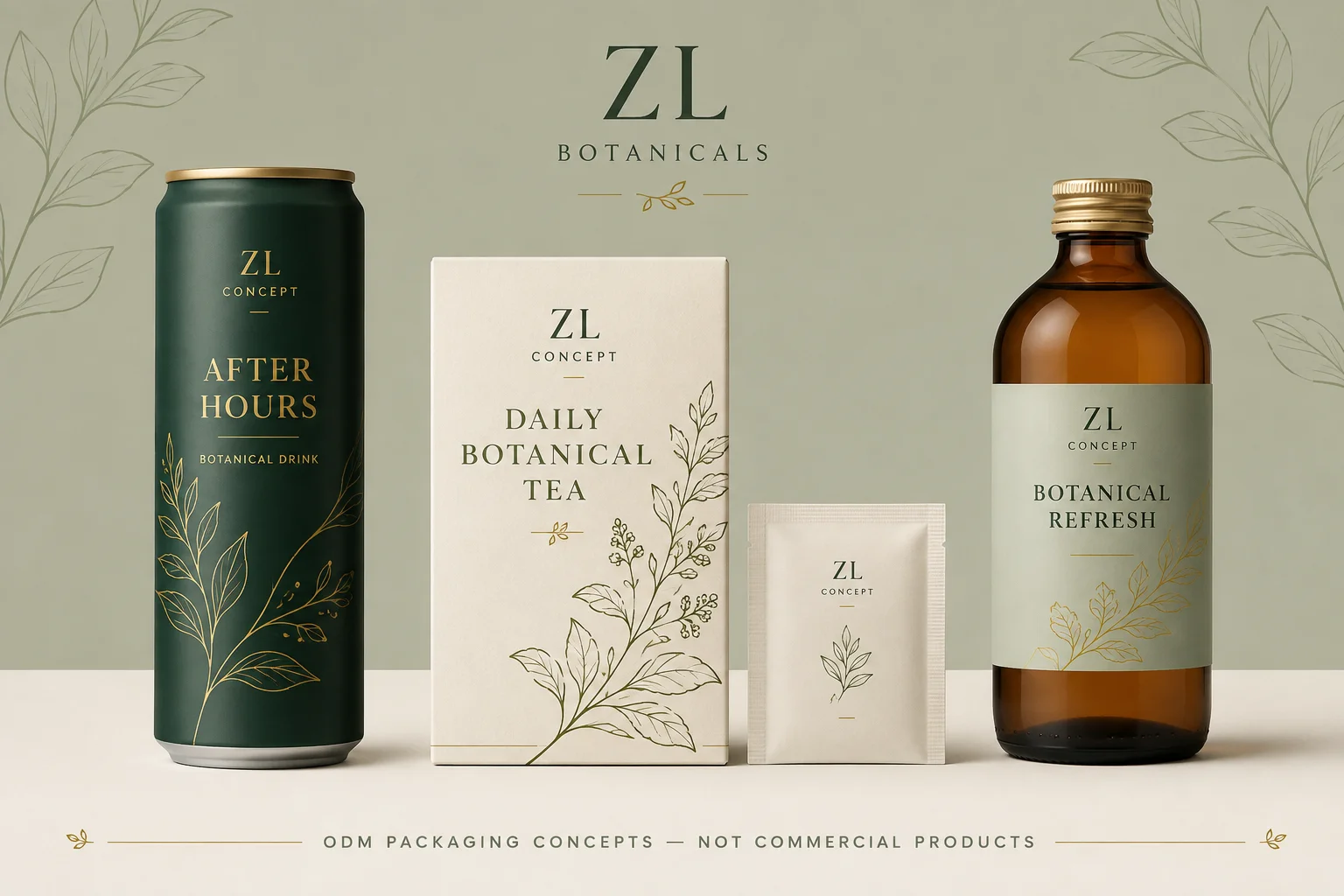 Botanical packaging concepts: green can, ivory tea carton and amber bottle; not actual goods.