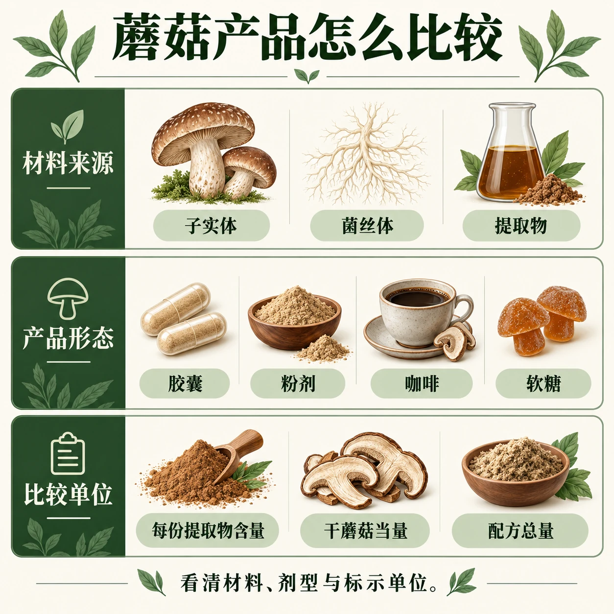 蘑菇产品比较概念图：子实体与菌丝体是组织来源，提取物是加工形式；胶囊、粉剂、咖啡、软糖是产品形态；每份提取物含量、干蘑菇当量与配方总量需分别核对。
